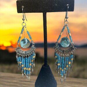 Boho Handmade‎ Beaded Chandelier Earrings Tribal Blue Glass Statement Festival
